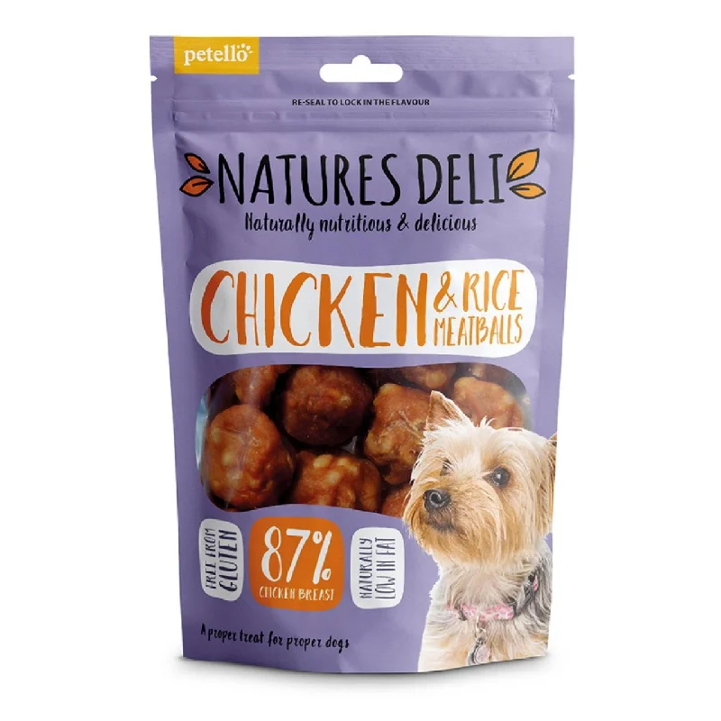  -Fish-containing dog foodNatures Deli Chicken and Rice Meatball Dog Treats 100g