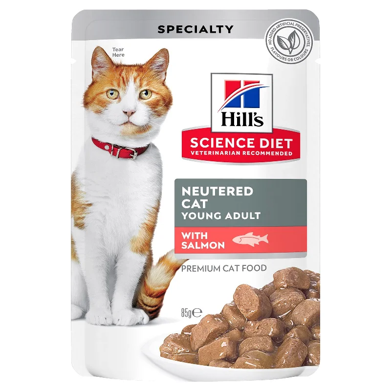    - Cat food for multi-cat households  Hill's Science Diet Cat Food Pouch Neutered Cat Salmon