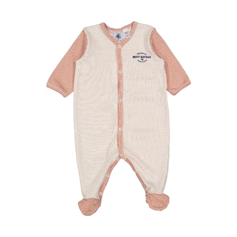 ---Petit Bateau Front Snap Pink Striped Footie With Logo